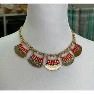 Gold Tone Statement Necklace Red Fan Shape Beaded Bib